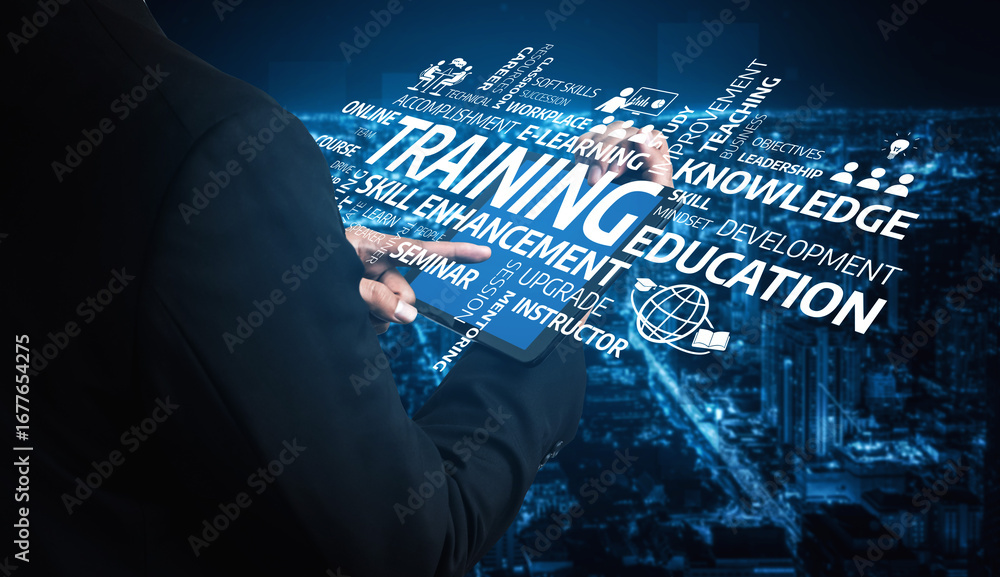 Poster a business professional engages with training and education concepts, emphasizing skill enhancement 