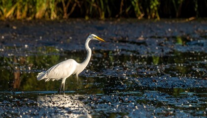 Heron wading in murky water