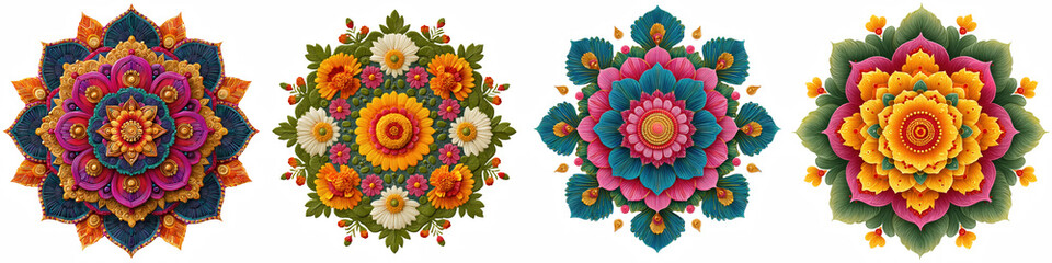 Decorative flower rangoli for diwali, clipart collection, vector, icons isolated on transparent background