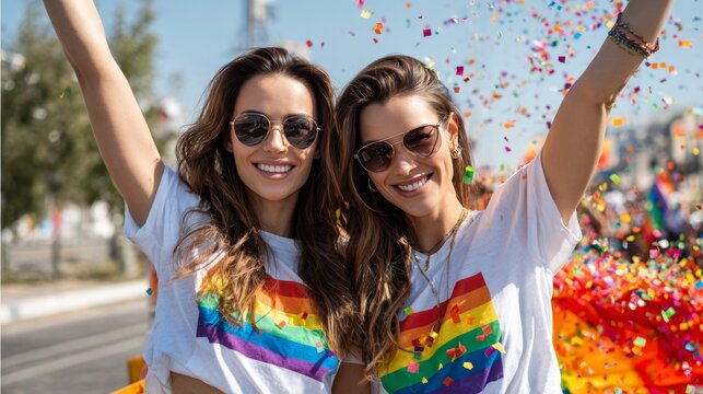 Joyful women wearing rainbow pride shirts with arms raised celebrating at outdoor festival with colorful confetti falling around them on sunny day