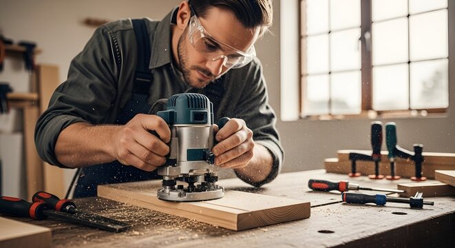 Man using a router on wood in a workshop with safety glasses and tools on the workbench nearby is focused