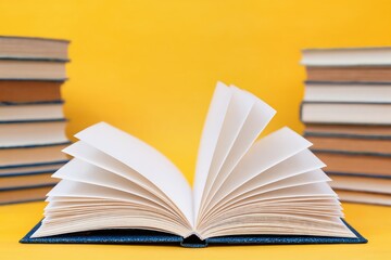 Fototapeta premium An open book displaying blank white pages is surrounded by various stacked books on a bright yellow background