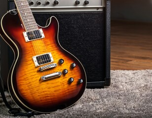 Fototapeta premium a sunburst electric guitar leaning against a guitar amplifier on a carpet