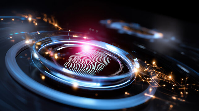 Detailed close-up of a glowing fingerprint scan with futuristic interface graphics overlaid.