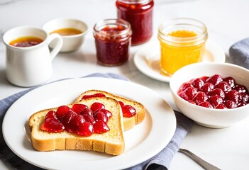 A white plate topped with toast covered in strawberry jam.