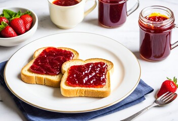 A white plate topped with toast covered in strawberry jam.
