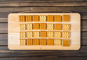 A wooden cutting board topped with different types of food.