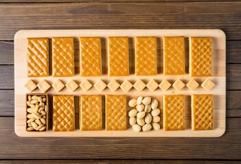 A wooden cutting board topped with different types of food.