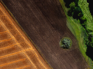 Aerial view of agricultural farmland, freshly ploughed and harvested in the mid day sun. Bright colours. Summer drone photograph copy space no people