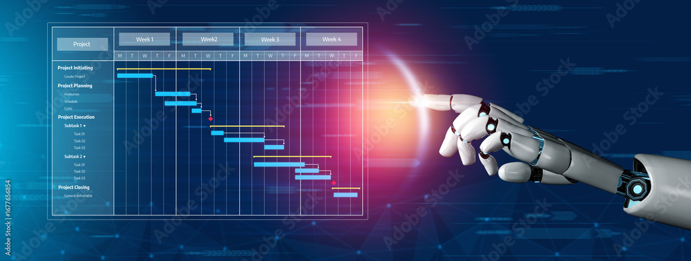 Aufkleber a robotic hand reaches towards a digital project management dashboard, featuring a gantt chart that 