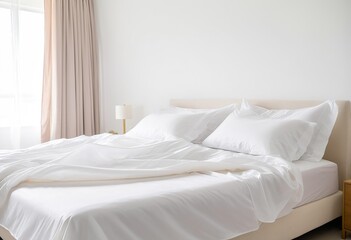 A bed with white sheets and pillows in a bedroom.
