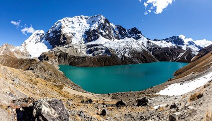 High-altitude lake nestled amongst snow-capped peaks