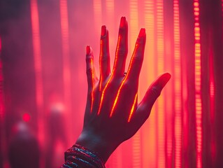 Woman's hand reaches towards vertical light beams in a darkened space with red hues and atmospheric effects