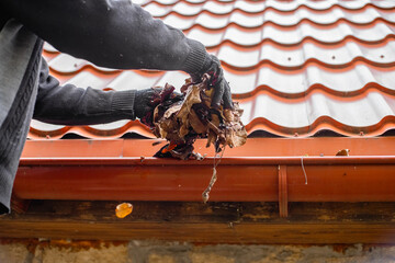 A man wearing gloves clears a roof gutter, removing fallen leaves to prevent a clog