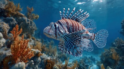 Lionfish reef invasion causes ecological imbalance by preying on native fish, threatening coral reef biodiversity and fisheries in tropical waters.