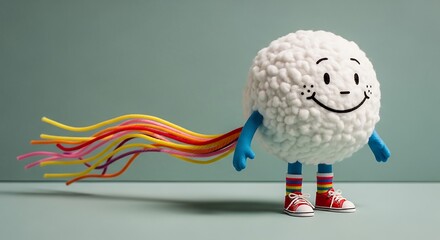 Whimsical cartoon egg character with colorful streamer tail cheerful and playful