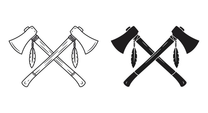 Crossed Tomahawks Vector Illustration in Black and White for Design Elements