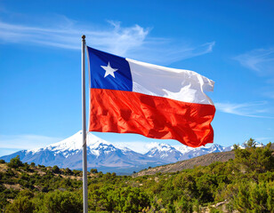 bandera chilena moviendose en el viento, al fondo la Cordillera de los Andes y un cielo azul despejado