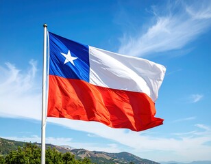 bandera chilena moviendose en el viento, al fondo la Cordillera de los Andes y un cielo azul despejado