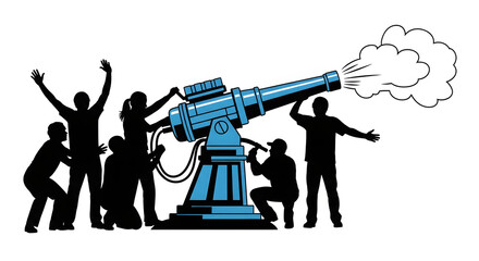 A silhouette illustration of a diverse team working together to aim and fire a large cannon symbolizing collaboration a powerful launch and shared goals.
