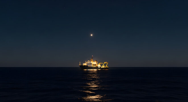 A lone research vessel floats on a calm dark ocean at night its lights reflecting on the water under a single bright star in the clear sky.
