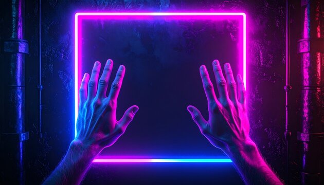 Two hands reach out to a glowing neon rectangle in a dark, industrial setting.