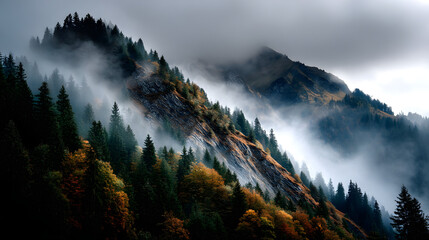 A fog-covered autumn mountin with golden forests, whre the morning light gentl filters through the mist.