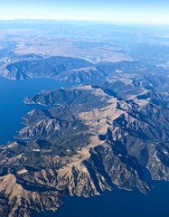 High-altitude view of mountains and a lake
