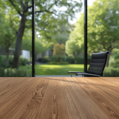 The image features a wooden table top with a soft blur of a large glass window from an office building, with a grren garden background, not a AI generated image.