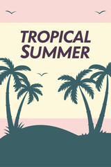 Naklejka premium Tropical Summer Scene with Palm Trees and Flying Birds vacation beach