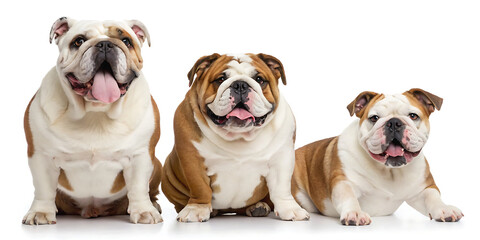 Obraz premium Three english bulldogs posing in a row on a white background showing their tongues and happy expressions