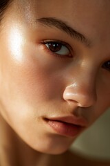 Fototapeta premium Close-up of a young person's face, highlighting radiant skin with subtle shimmer and soft lighting.
