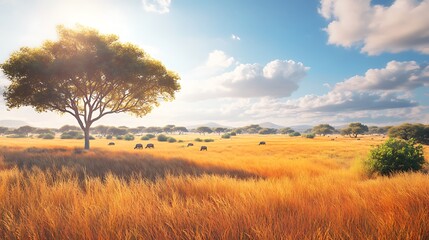 Obraz premium Herds of wildlife roaming beneath acacia trees on savannah high resolution picture