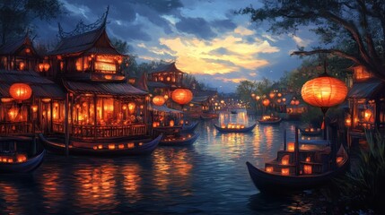 Obraz premium Charming Evening Scene of Lanterns by a Serene Waterway in Twilight