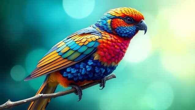 A vibrantly colored parrot perched on a branch, showcasing its exotic plumage against a soft, blurred background of green and blue bokeh