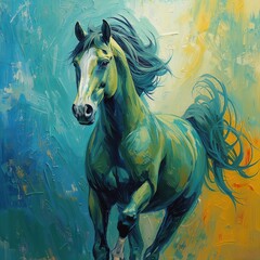 Majestic Vibrant Impressionist Horse. Majestic impressionist horse painting with vibrant emerald green, cobalt blue, and yellow tones, dynamic brushstrokes, flowing mane, textured layers.