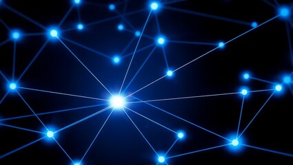 Obraz premium Abstract network of glowing blue nodes connected by lines on a dark background, representing technology and data
