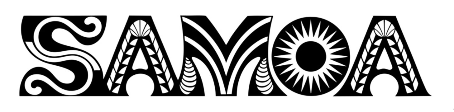Samoa Word Art with Traditional Polynesian Tattoo Patterns &ndash; Black and Transparent Tribal Vector Illustration for Culture and Travel Themes