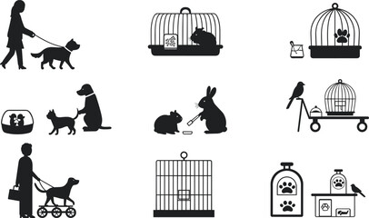Pet care, cartoon, silhouette, dog walking, birdcage, hamster, rabbit, grooming, feeding, aquarium, stroller, vector, black, white, illustration, animals, people, interaction, accessories, housing