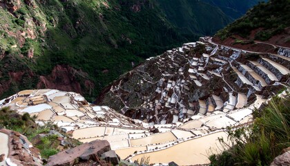 High-angle view of terraced salt flats