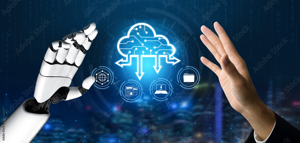 Poster ai artificial intelligence optimizes cloud infrastructure with virtual assistants and intelligent au