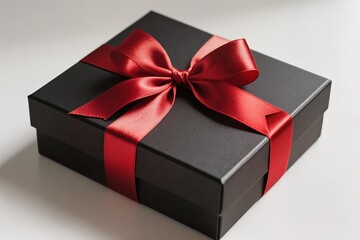 Obraz premium This elegant and stylish black gift box, beautifully adorned with a vibrant red ribbon, is perfect for any celebration