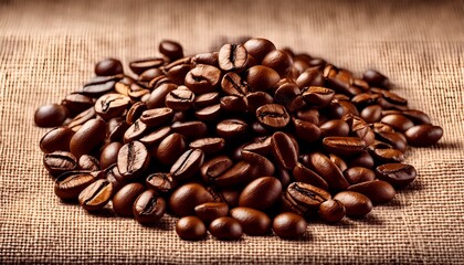 Fototapeta premium freshly roasted coffee beans piled on natural jute fabric background
