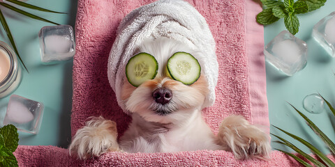 Spa Day for a Pampered Pooch: A fluffy dog indulges in a luxurious spa day, relaxing with cucumber eye pads, a wrapped towel, and surrounded by pampering essentials.