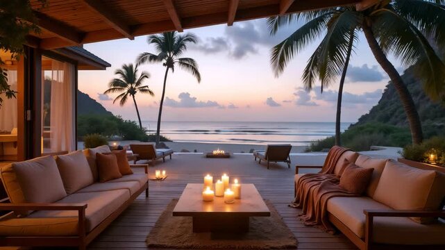 Serene beachside lounge area with tranquil mood featuring candles and comfortable seating against picturesque sunset background