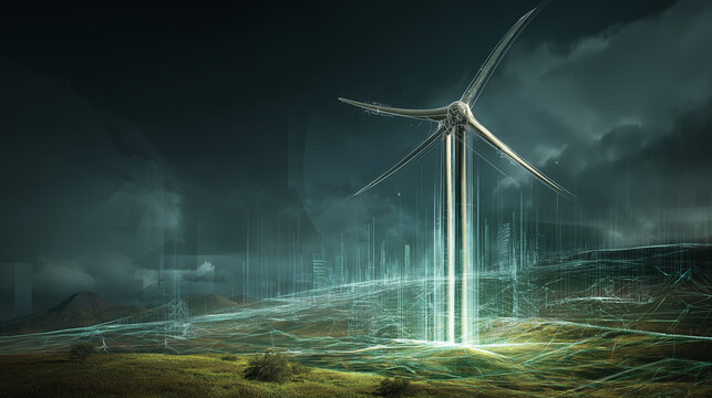 futuristic wind turbine in digital landscape, spinning blades creating green electric energy, holographic data tracking environmental impact and smart sustainability systems  