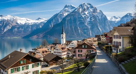 Fototapeta premium Charming Swiss Village in the Alps.
