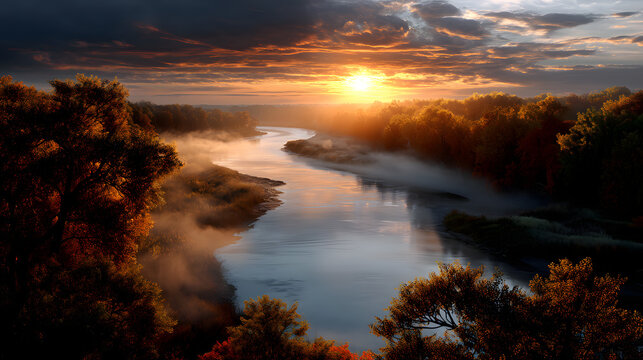 A golden sunset over a winding river surrounded by atumn trees, with mist risig gently from the riverbans.