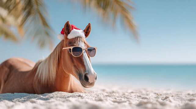beautiful brown horse symbol of chinese new year 2026 on the background of sandy beach on vacation at sea with palm trees in santa claus hat - Powered by Adobe