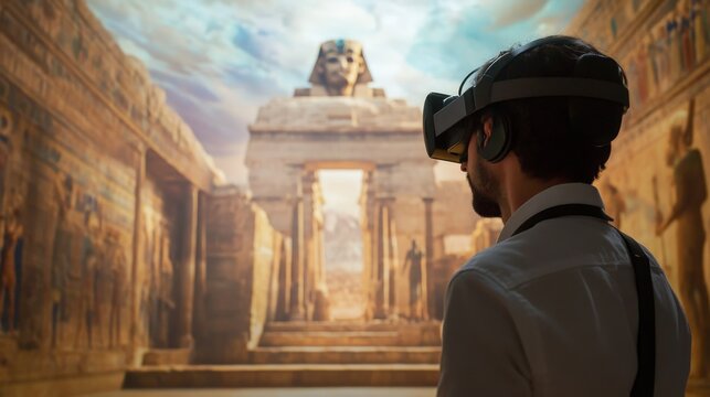 Person experiencing virtual reality ancient ruins.